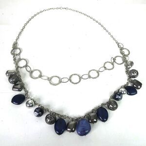 Silver Tone Blue Beaded Dangle Multi Double Strand Bib Statement Necklace Hoop